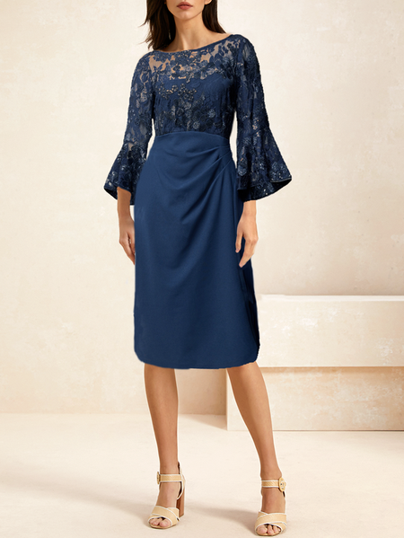 

Women Plain Crew Neck Half Sleeve Comfy Party Lace Short Dress, Blue, Dresses