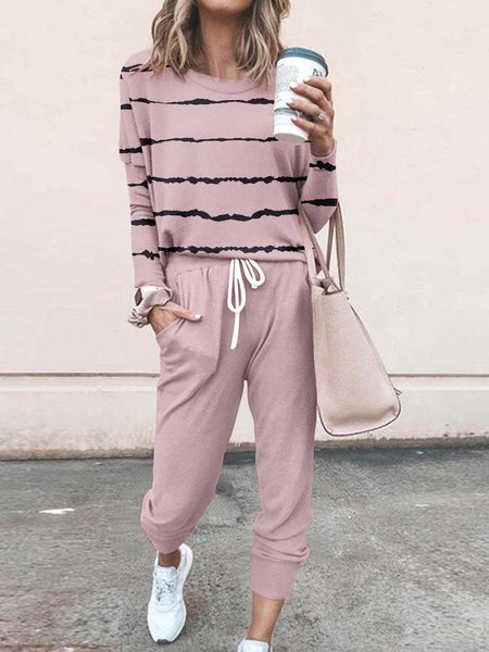

Women Striped Crew Neck Long Sleeve Comfy Casual Top With Pants Two-Piece Set, Pink, Sets