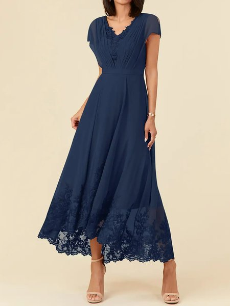 

Women wedding guest dress Plain V Neck Short Sleeve Comfy Casual Lace Maxi Dress, Purplish blue, Dresses