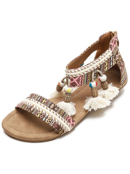 

Boho Ethnic Slip On Flat Heel Ankle Strap Sandals Tassel, Brown, Sandals