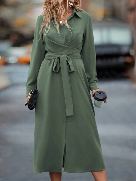 

Women Plain Shirt Collar Long Sleeve Comfy Casual Midi Dress, Army green, Dresses