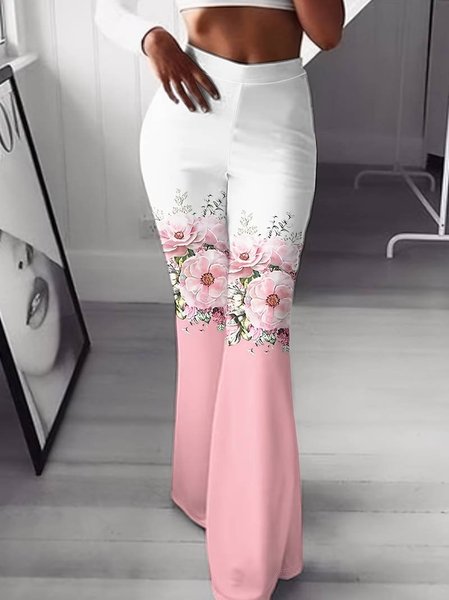 

Elegant Regular Fit Floral Pants, Pink-white, Pants