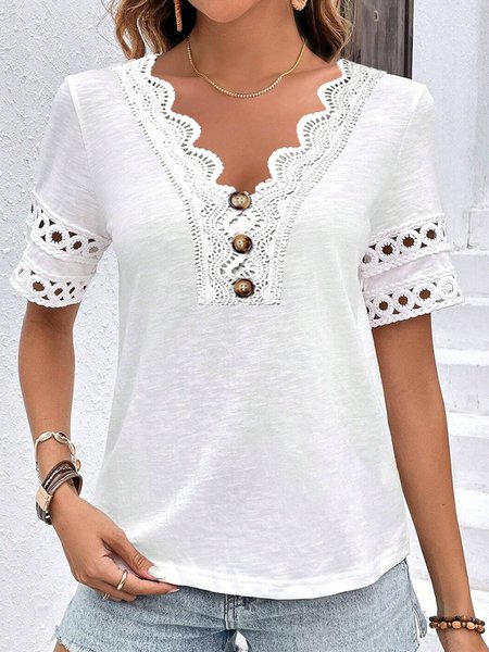 

Loose Lace Elegant Plain Shirt, White, Shirts & Blouses