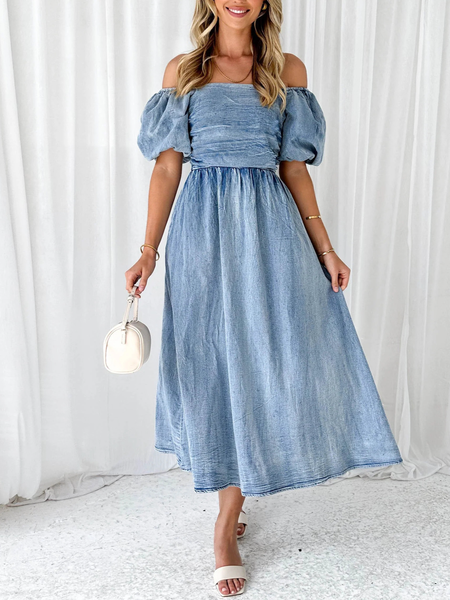 

Boat Neck Plain Casual Denim Dress, Blue, Dresses