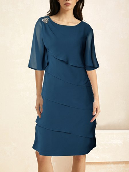 

Women Plain Crew Neck Half Sleeve Comfy Casual Buckle Short Dress, Blue, Dresses