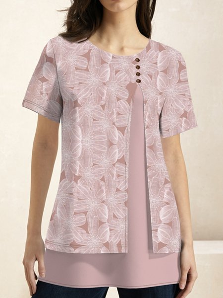 

Casual Floral Crew Neck Short Sleeve T-shirt, Pink, T-shirts