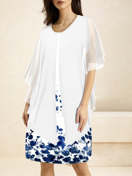 

Women Floral Crew Neck Half Sleeve Comfy Casual Short Dress, White, Dresses