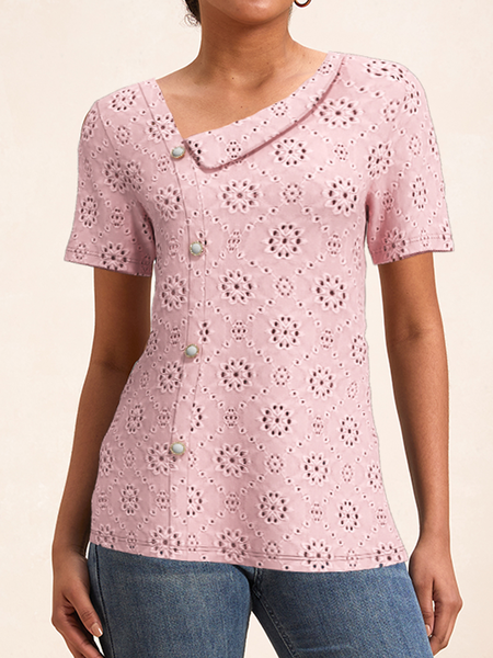 

Lapel Collar Short Sleeve Plain Regular Loose Shirt For Women, Pink, Blouses