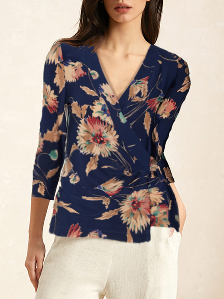 

V Neck Three Quarter Sleeve Floral Buckle Regular Regular Fit Shirt For Women, Blue, Blouses