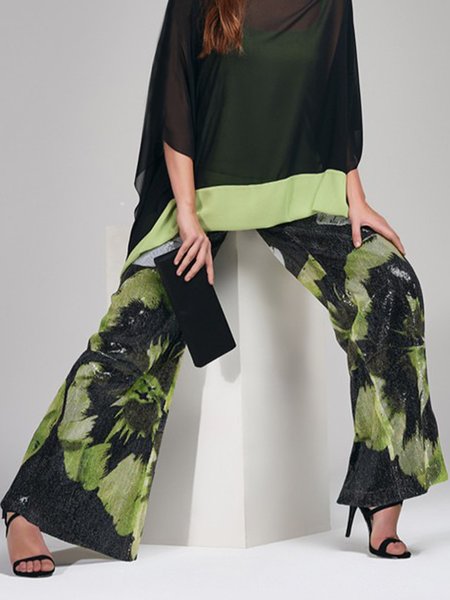 

Daily Floral High Waist Fashion Straight Pants, Green, Pants