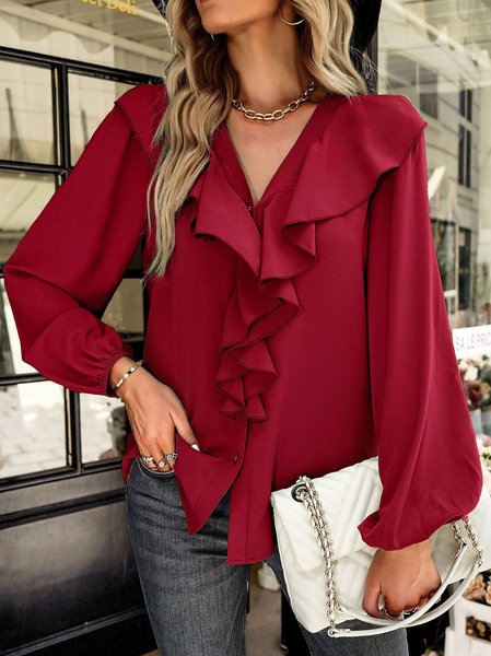 V Neck Long Sleeve Plain Regular Loose Blouse For Women, Wine red, Blouses