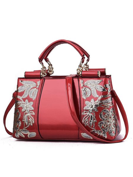 

Floral Embroidery Handbag Commuting Large Capacity Tote Bag with Crossbody Strap, Deep red, Bags