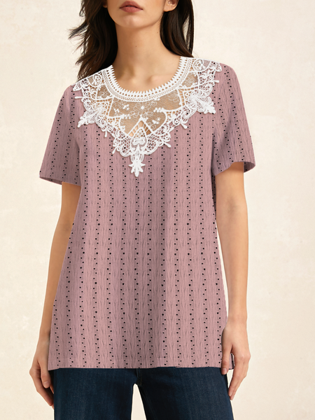 

Casual Plain Lace Collar Short Sleeve T-shirt, Pink, T-shirts