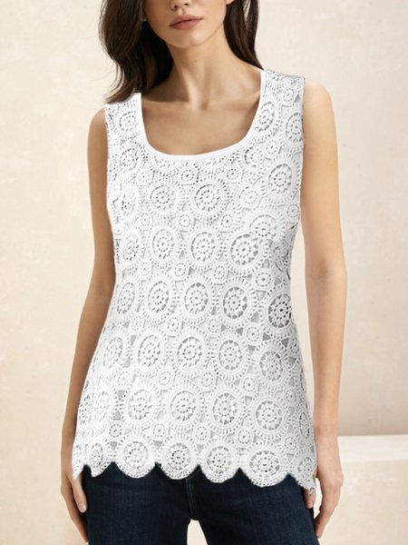 

Casual Square Neck Plain Tank Top Lace, White, Tanks & Camis