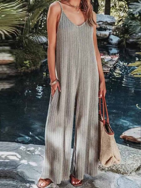 

Spaghetti Vacation Loose Plain Jumpsuit, Gray, Jumpsuits＆Rompers