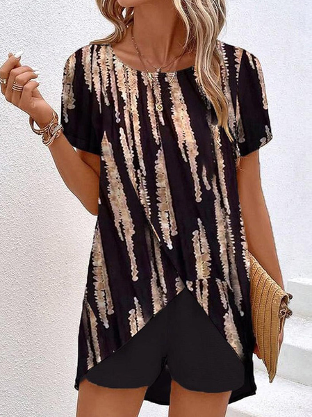 

Casual Cotton-Blend Color Block Loose Two-Piece Set, Black, Suit Set