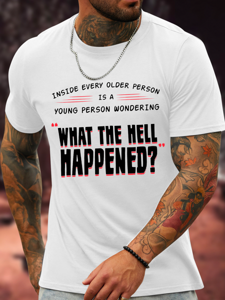 

Cotton Funny Word What The Hell Happened Crew Neck Casual T-Shirt, White, T-shirts