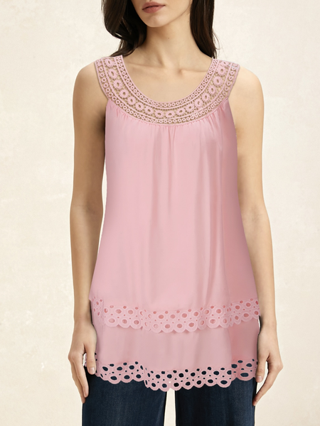 

Casual Lace Collar Plain Tank Top Lace, Pink, Tanks & Camis