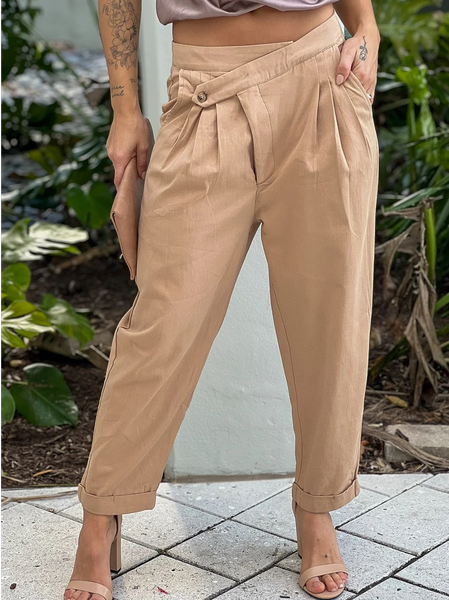 

Loose Casual Cotton Plain Pants, Khaki, Pants