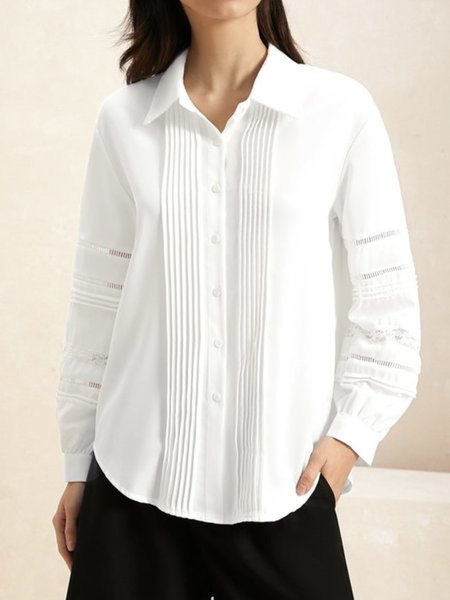 

Shirt Collar Long Sleeve Plain Lightweight Loose TUNIC Blouse For Women, White, Blouses