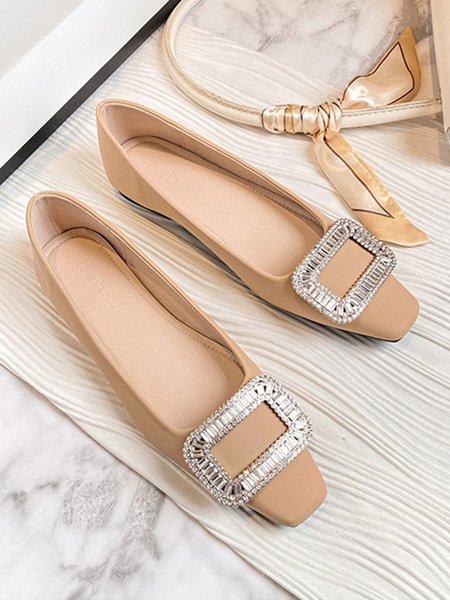 

Elegant Rhinestone Buckle Square Toe Shallow Shoes, Light khaki, Flats