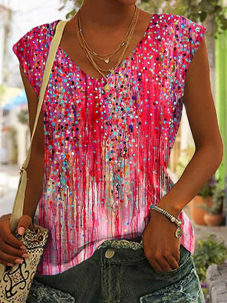 

V Neck Casual Floral Knitted Tank Top, Red, Tanks & Camis
