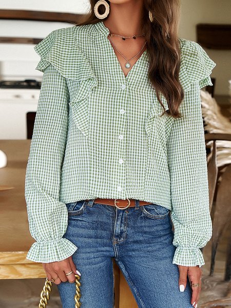 

Shirt Collar Long Sleeve Plaid Regular Loose Blouse For Women, Green, Blouses