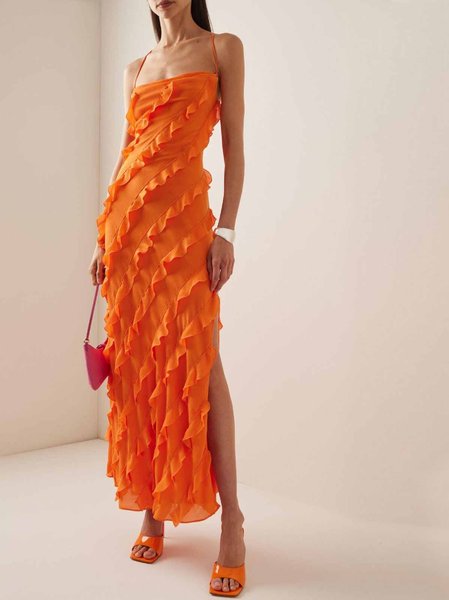 

Elegant Regular Fit Plain Dress, Orange, Elegant Dresses