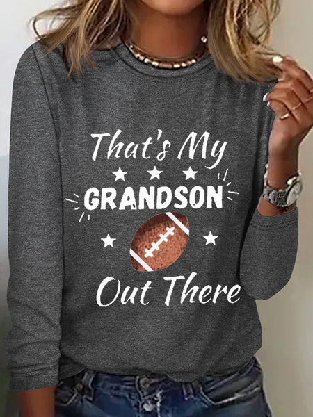 

Women's That's My Grandson Out There Football Grandma Casual Cotton-Blend Simple Long Sleeve Shirt, Gray, Long sleeves