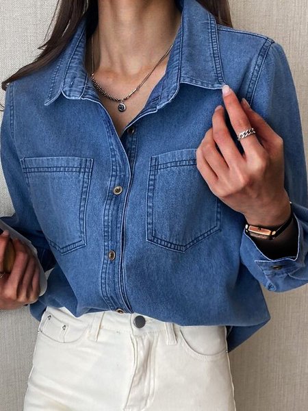 

Casual Pocket Stitching Denim Blouse, Blue, Shirts & Blouses