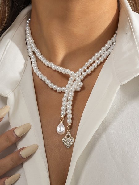 

Elegant Imitation Pearls Tassel Rhinestone Heart Pendant Necklace, As picture, Necklaces