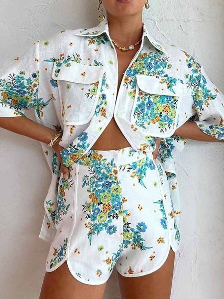 

Shirt Collar Casual Two-Piece Set, White, Suit Set