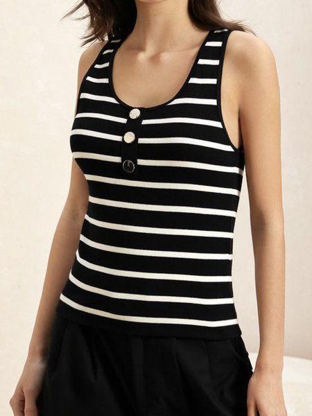 

Casual Crew Neck Striped Tank Top, Black, Tanks & Camis