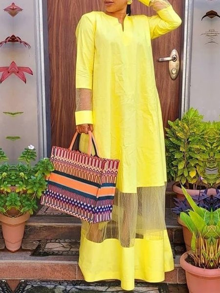 

Casual Plain Loose V Neck Long Sleeve Patch Dress, Yellow, Maxi Dresses