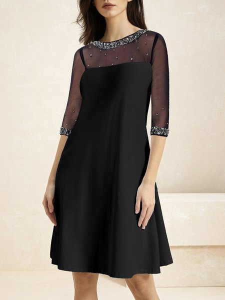 

Women Plain V Neck Three Quarter Sleeve Comfy Casual Hot Drilling Short Dress, Black, Dresses