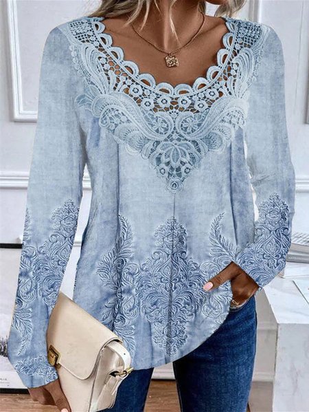

Plus Size Casual Random Print Loose Crew Neck Shirt, Blue, Shirts & Blouses