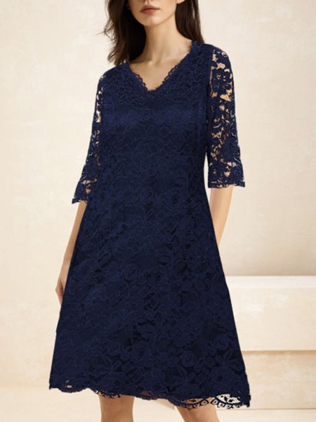 

Women Plain V Neck Three Quarter Sleeve Comfy Casual Lace Short Dress, Purplish blue, Dresses