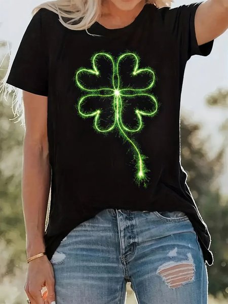 

Cotton Crew Neck Four-Leaf Clover Casual T-Shirt, Black, T-Shirts