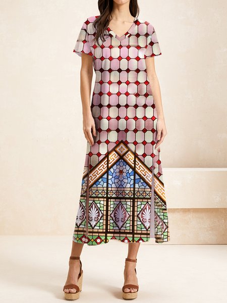 

Women Church Glass V Neck Short Sleeve Comfy Casual Maxi Dress, Pink, Dresses
