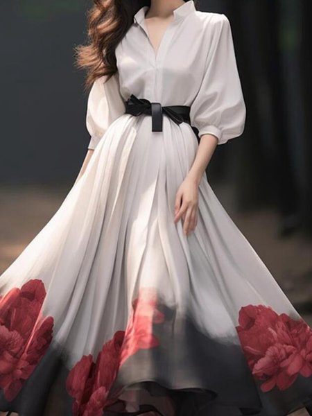 

Elegant Floral Print Half Sleeve Shirt Collar Dress, White, Maxi Dresses