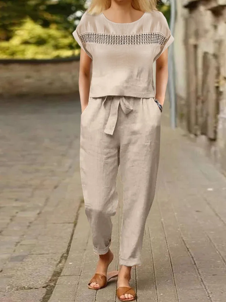 

Women Plain Crew Neck Short Sleeve Comfy Casual Lace Top With Pants Two-Piece Set, Khaki, Sets