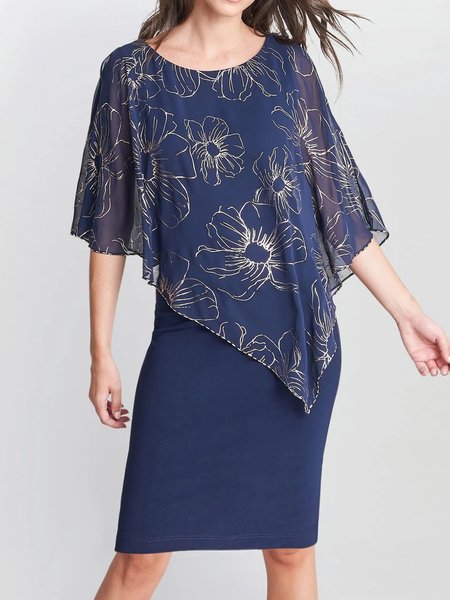 

Women Floral Crew Neck Half Sleeve Comfy Casual Short Dress, Purplish blue, Dresses