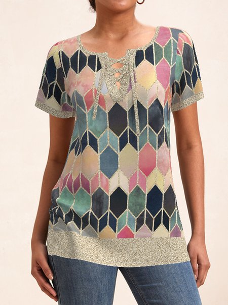 

Casual Church Glass Cross Neck Short Sleeve T-shirt, Blue, T-shirts