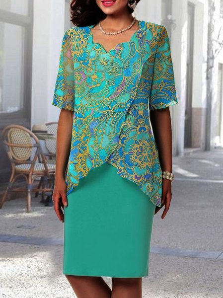 Floral Elegant Crew Neck Cross Dress, Green, Dresses