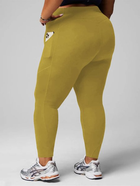 Sports Plain Leggings, Yellow, Plus Pants