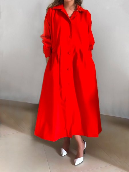 

Loose Plain Urban Shirt Collar Dress, Red, Midi Dresses