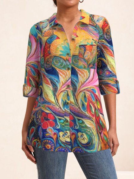 

Shirt Collar Long Sleeve Abstract Regular Loose Blouse For Women, Multicolor, Blouses