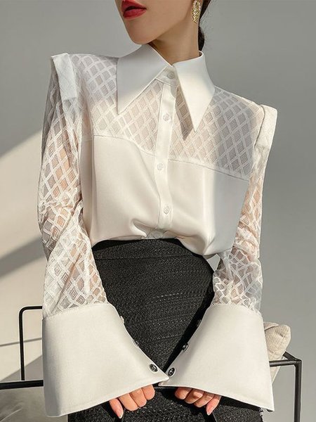 

Loose Shirt Collar Urban Plain Blouse, White, Blouses and Shirts