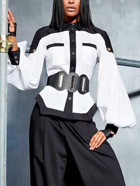 

Split Joint Color Block Urban Long Sleeve Shirt, Black-white, Blouses and Shirts