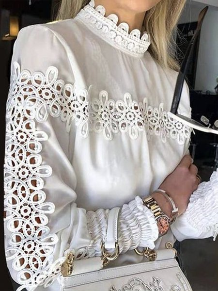 

Regular Fit Stand Collar Urban Plain Shirt, White, Blouses and Shirts